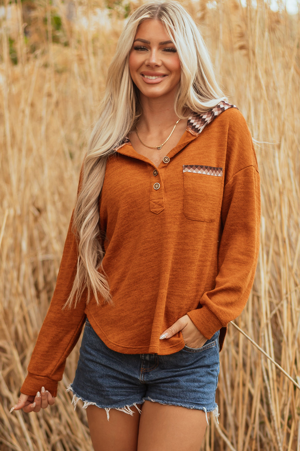 Straw Yellow Contrast Plaid Hood Patchwork Chest Pocket Henley Top-Tops / Dresses-[Adult]-[Female]-2022 Online Blue Zone Planet