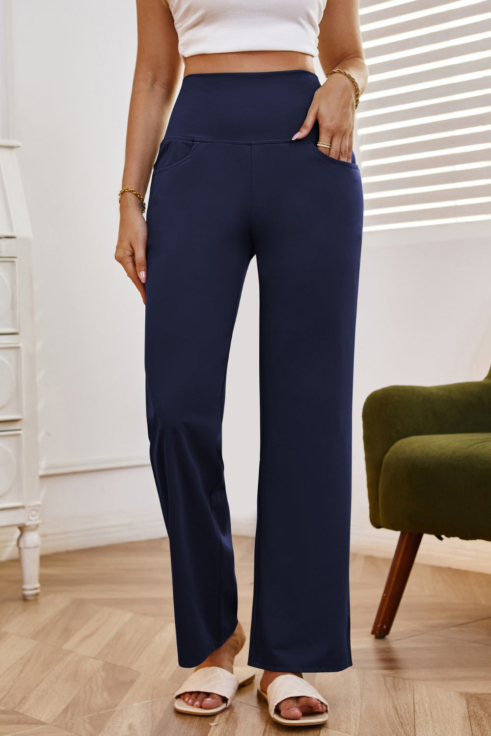 Blue Zone Planet | High Waist Wide Leg Pants with Pockets-TOPS / DRESSES-[Adult]-[Female]-2022 Online Blue Zone Planet