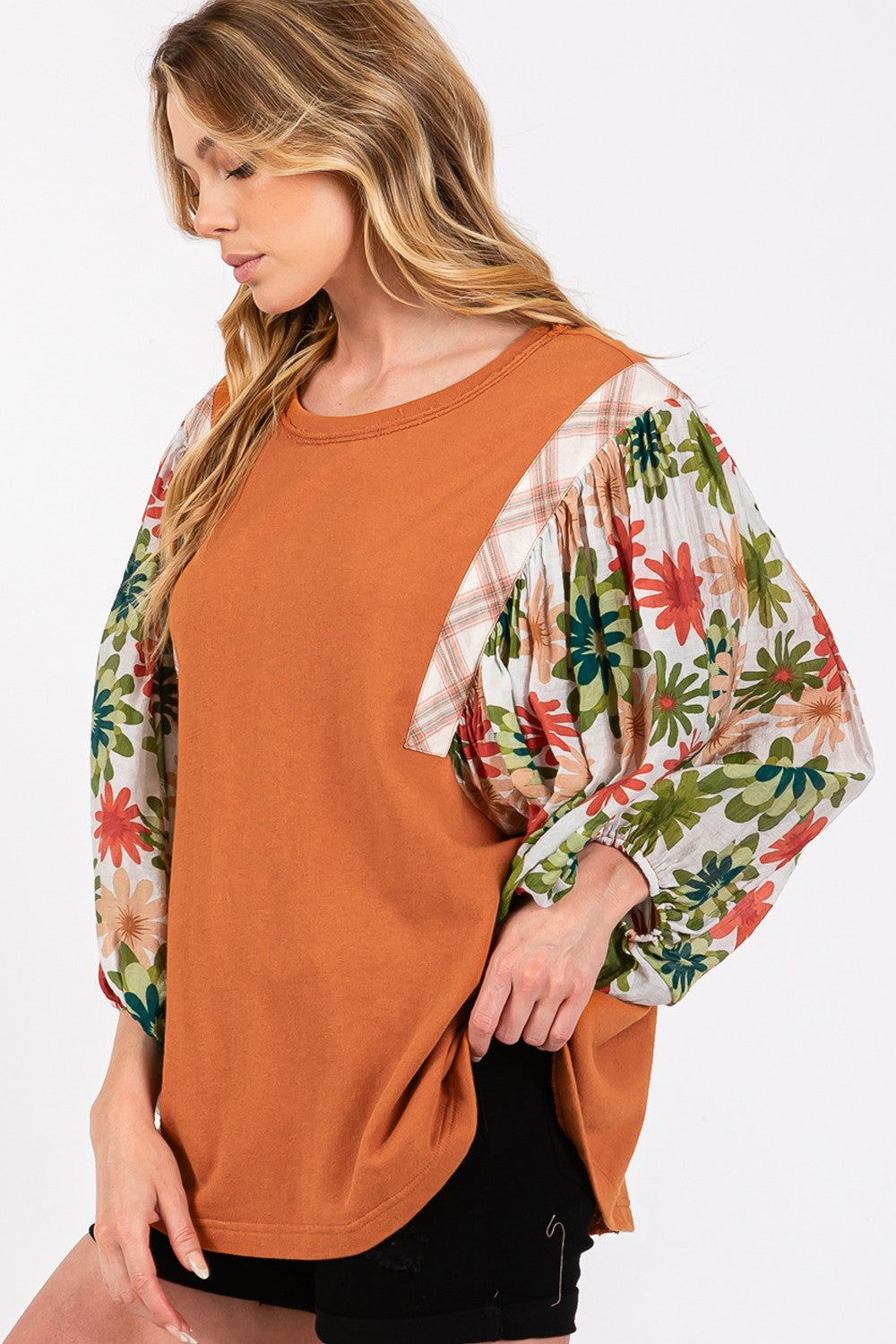 Blue Zone Planet | SAGE + FIG Full Size Printed Balloon Sleeve Contrast Top-TOPS / DRESSES-[Adult]-[Female]-2022 Online Blue Zone Planet