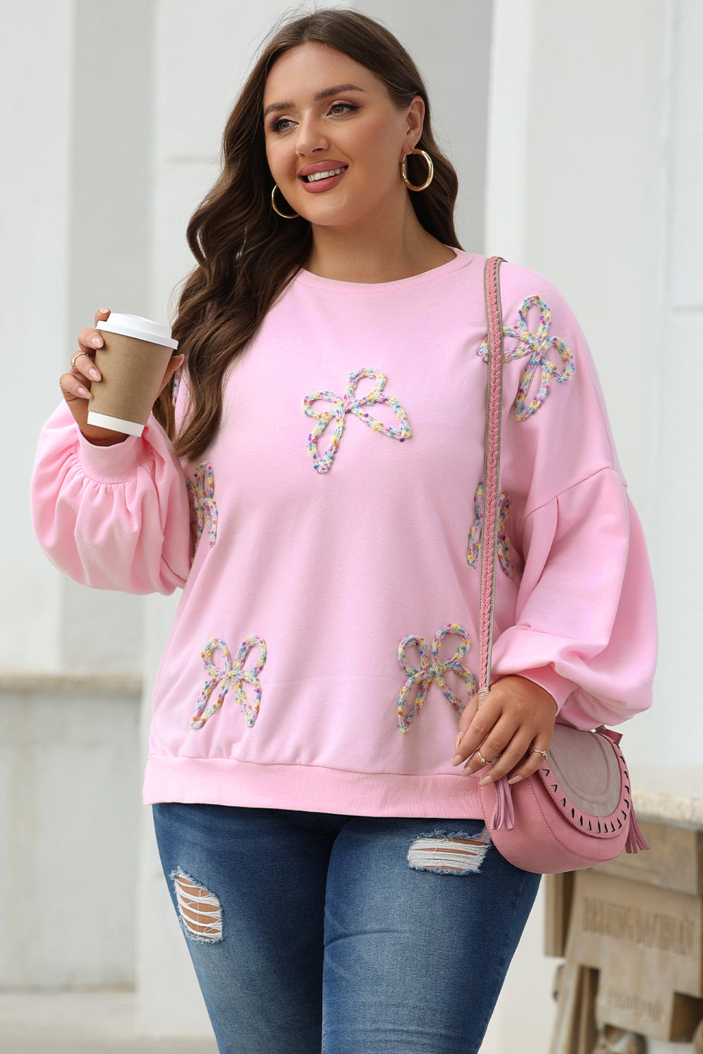 Blue Zone Planet | Light Pink Embroidered Bow Lantern Sleeve Oversized Pullover Sweatshirt-Tops/Sweatshirts & Hoodies-[Adult]-[Female]-2022 Online Blue Zone Planet