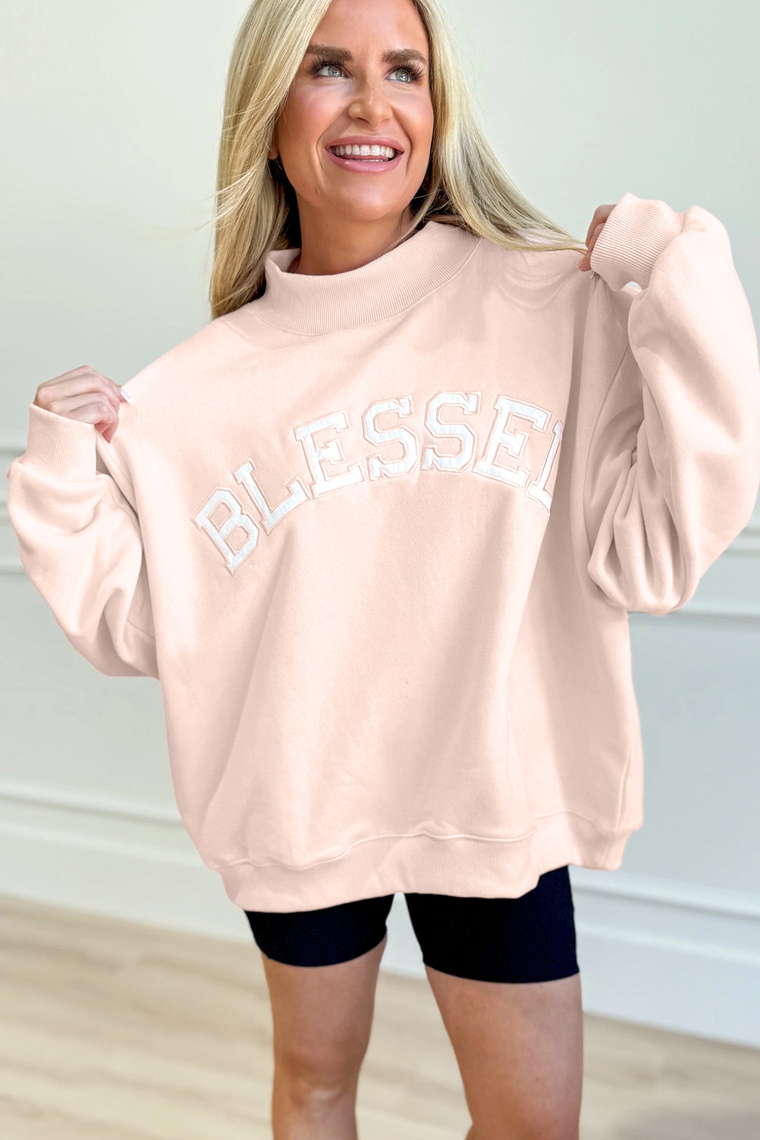 Light Pink Oversize Blessed Embroidered Mock Neck Sweatshirt-Tops/Sweatshirts & Hoodies-[Adult]-[Female]-2022 Online Blue Zone Planet