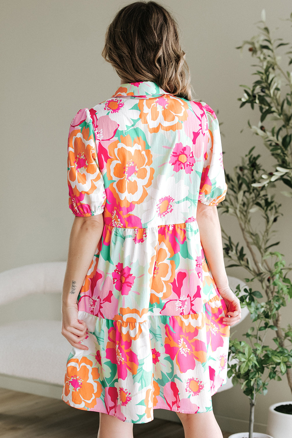 Blue Zone Planet | Green Floral Puff Sleeve Collar Buttoned Babydoll Dress-TOPS / DRESSES-[Adult]-[Female]-2022 Online Blue Zone Planet