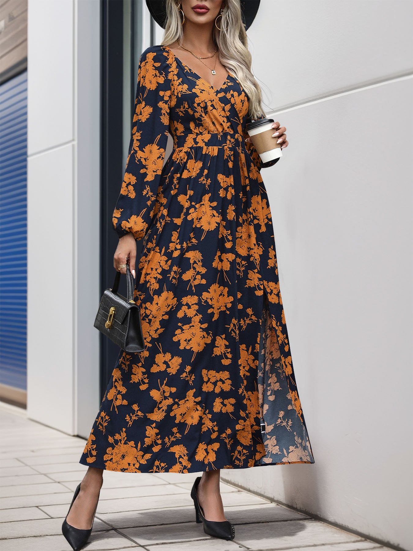 Split Printed Surplice Long Sleeve Midi Dress Black / L Split Printed Surplice Long Sleeve Midi Dress Black / L