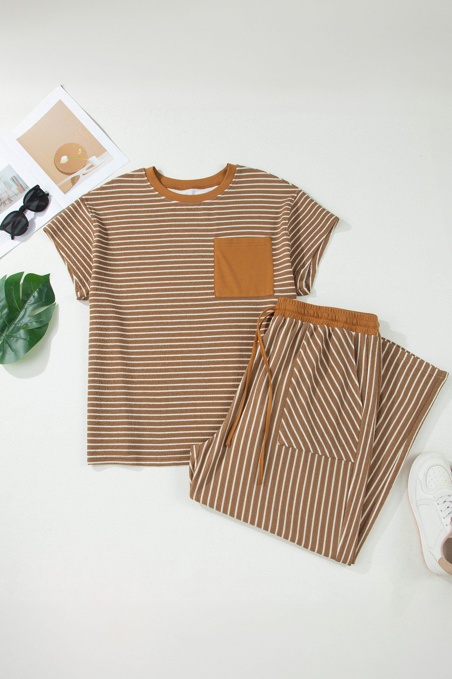 Khaki Stripe Plus Size Striped Colorblock Pocket Lounge Set-Plus Size/Plus Size Loungewear-[Adult]-[Female]-2022 Online Blue Zone Planet