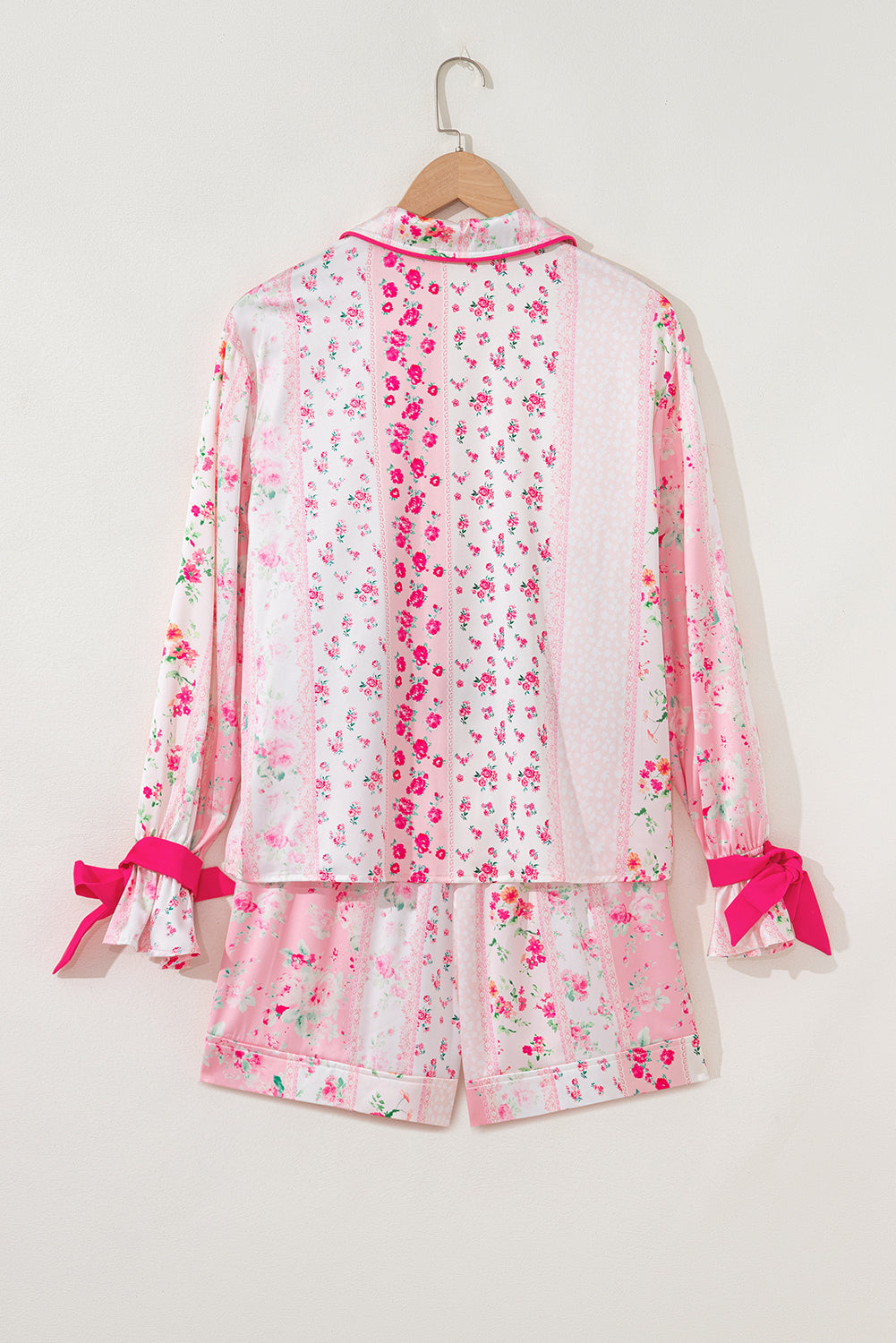 Pink Mixed Floral Print Contrast Piping Trim Satin Tie 2pcs Pajama Set-Loungewear & Sleepwear/Sleepwear-[Adult]-[Female]-2022 Online Blue Zone Planet