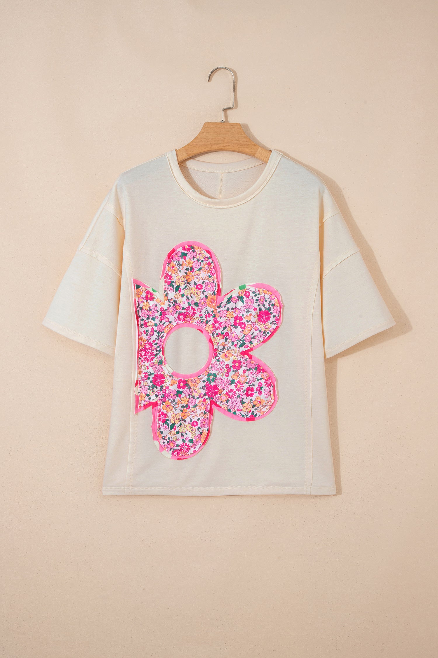 Jet Stream Floral Patched Raw Seam Big Flower Oversize Tee-Tops/Tops & Tees-[Adult]-[Female]-2022 Online Blue Zone Planet