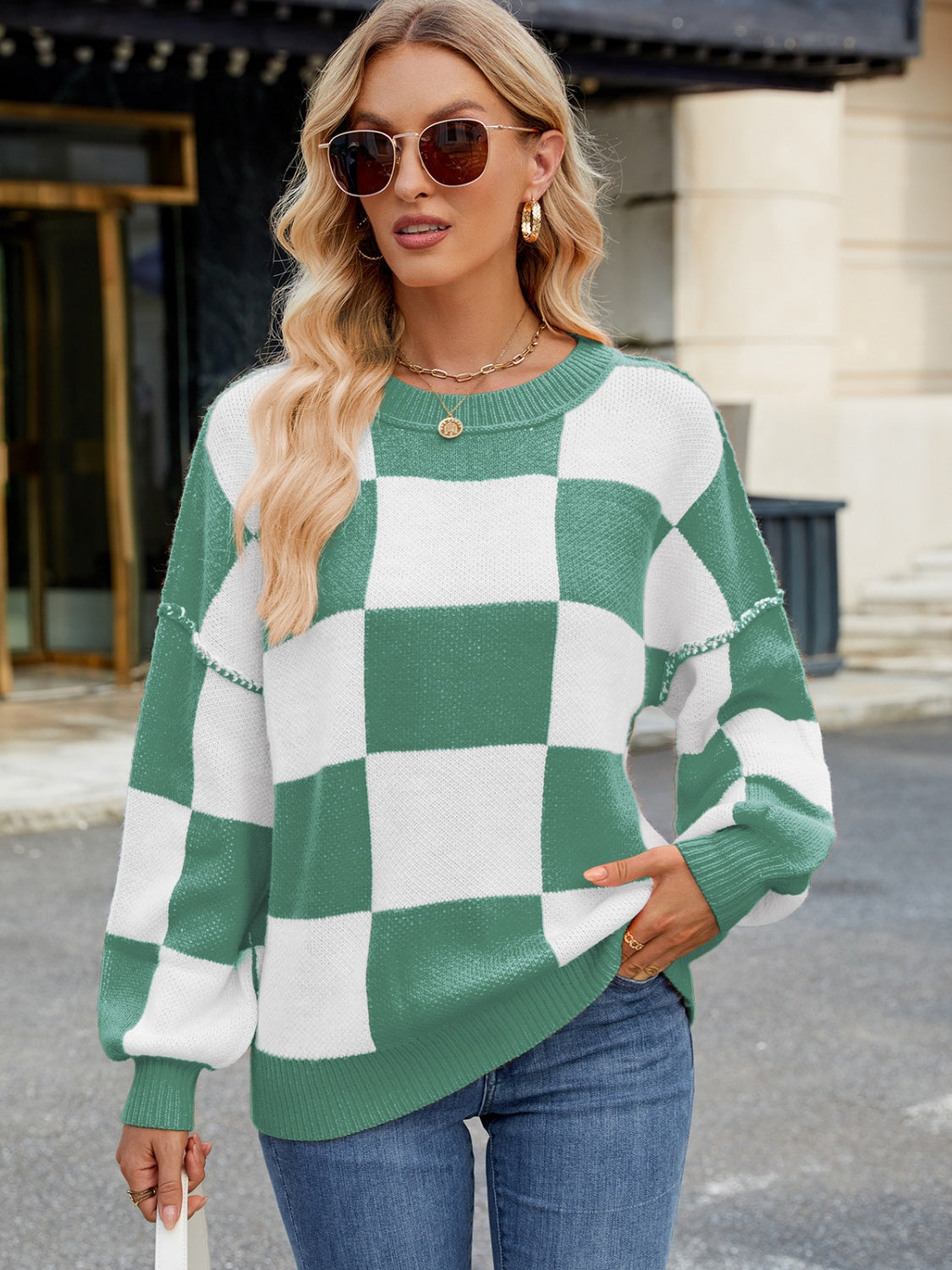 Checkered Round Neck Long Sleeve Sweater-TOPS / DRESSES-[Adult]-[Female]-2022 Online Blue Zone Planet