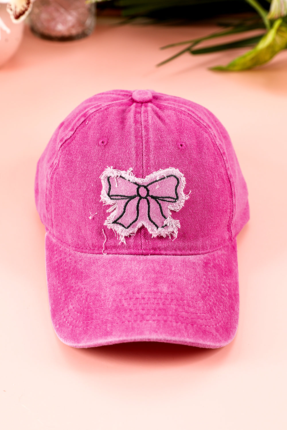 Rose Red Distressed Bow Patched Baseball Cap-Hats-[Adult]-[Female]-Rose Red-ONE SIZE-2022 Online Blue Zone Planet