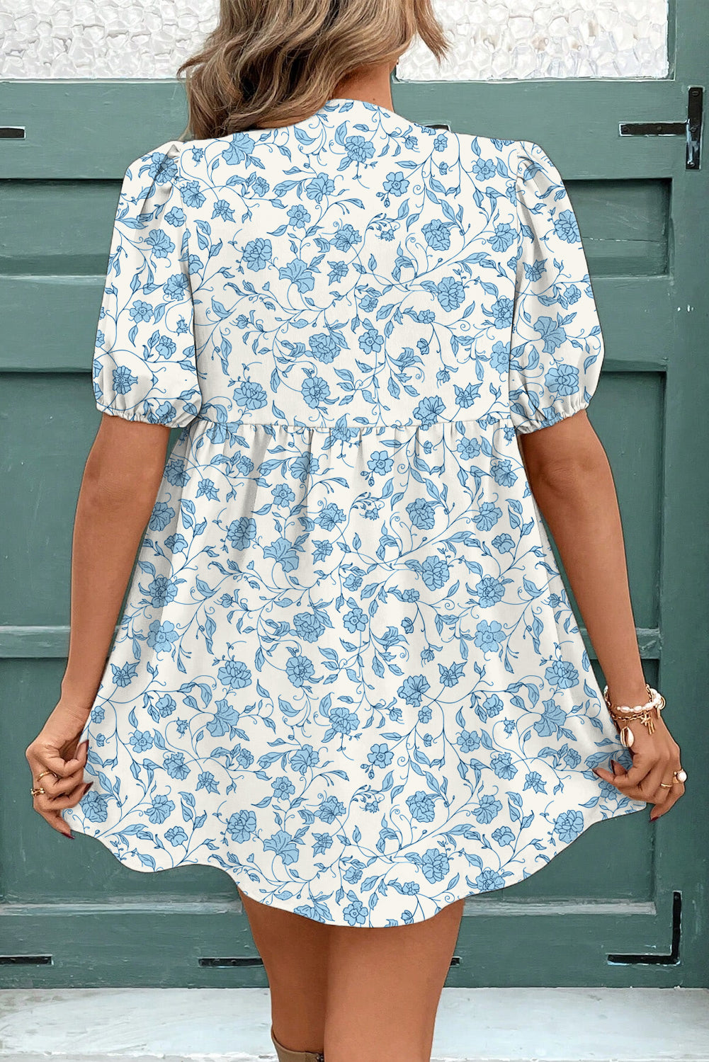 Sky Blue Floral Contrast Bow Puff Sleeve Mini Dress-TOPS / DRESSES-[Adult]-[Female]-2022 Online Blue Zone Planet
