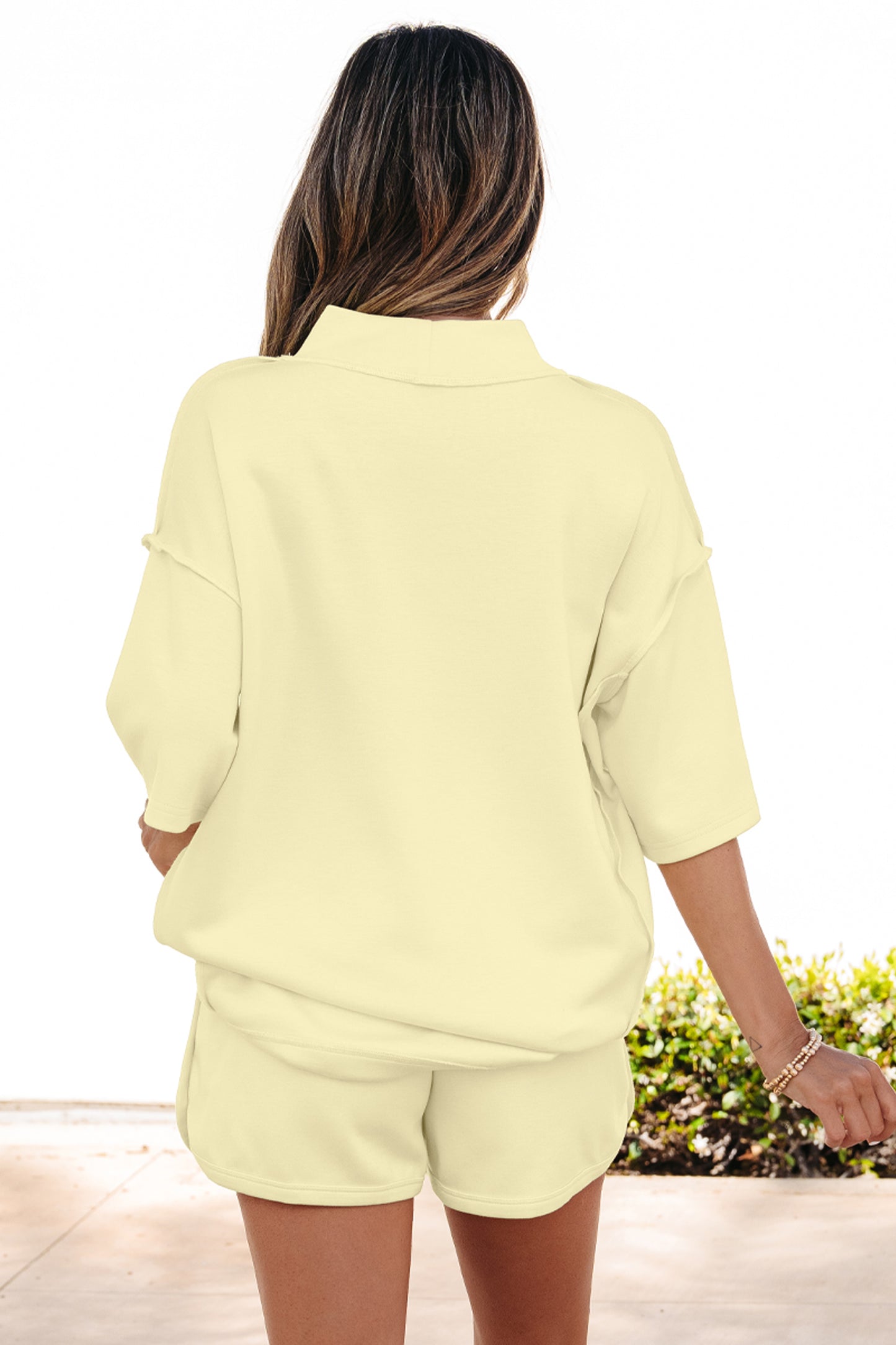 Light Pink Solid Color Exposed Seam Mock Neck Oversize Tee Casual Shorts 2pcs Outfit-Two Piece Sets/Short Sets-[Adult]-[Female]-2022 Online Blue Zone Planet