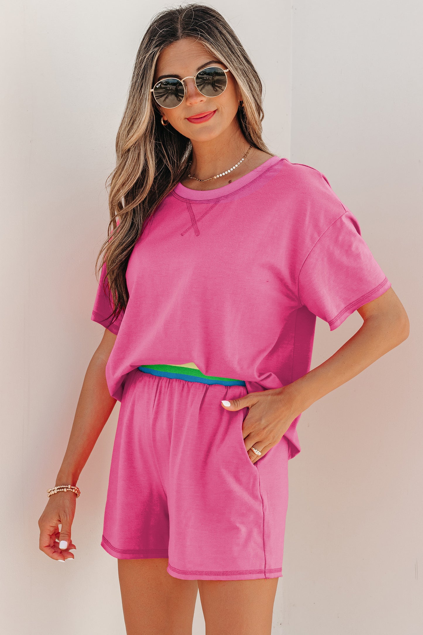 Bright Pink Seam Detail Raw Edge Tee Rainbow Waistband Casual Short Set-Two Piece Sets/Short Sets-[Adult]-[Female]-2022 Online Blue Zone Planet