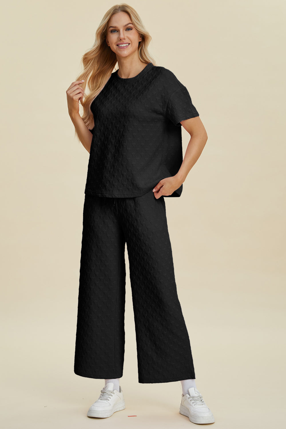 Blue Zone Planet | Double Take Full Size Texture Round Neck Short Sleeve Top and Pants Set-TOPS / DRESSES-[Adult]-[Female]-2022 Online Blue Zone Planet