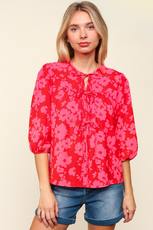 Blue Zone Planet | Haptics Full Size Ribbon Bow Floral Balloon Sleeve Blouse-TOPS / DRESSES-[Adult]-[Female]-Red/Pink-S-2022 Online Blue Zone Planet