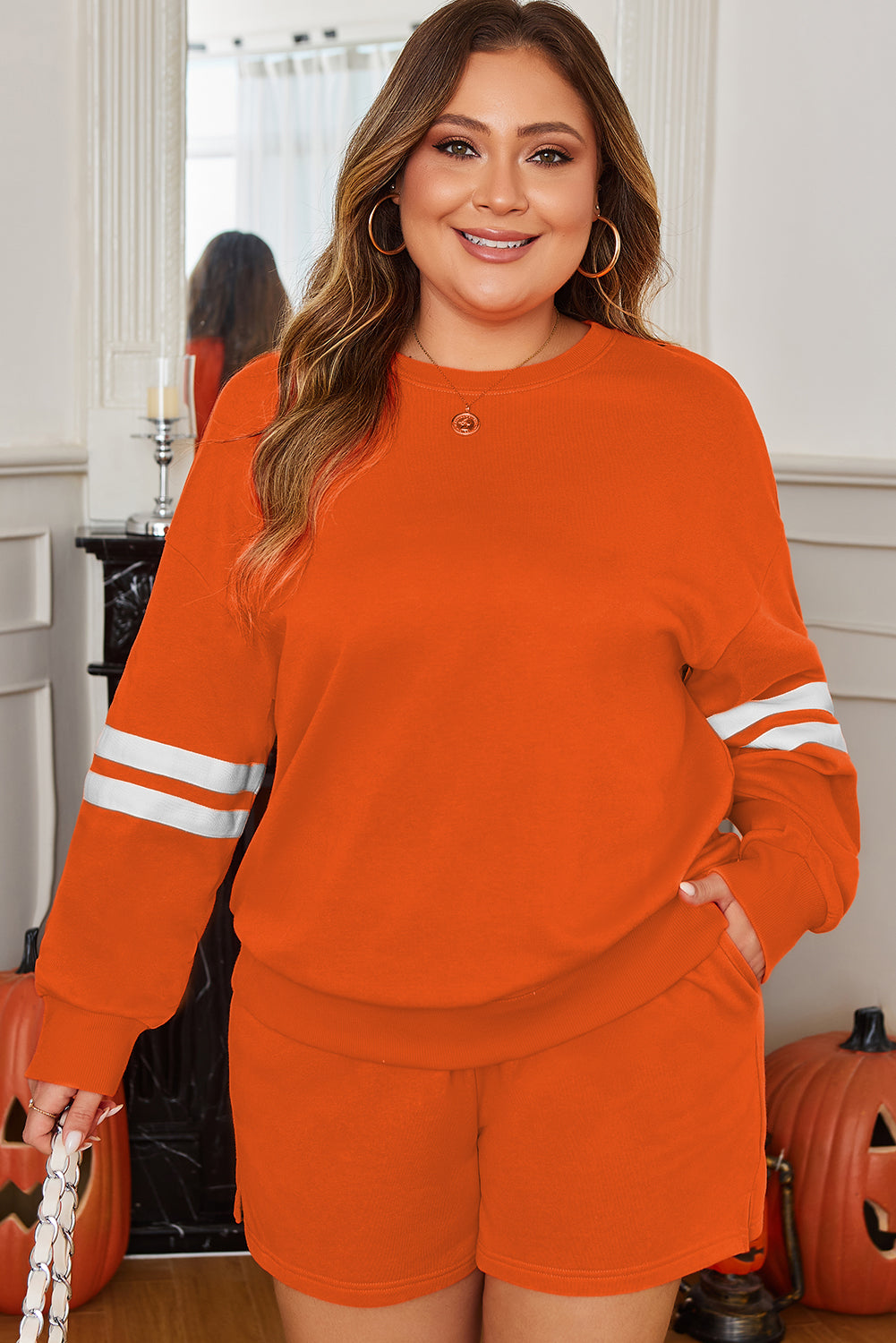 Orange Plus Size Varsity Striped Drop Shoulder Pullover Drawstring Elastic Waistband Short Set-Plus Size/Plus Size Loungewear-[Adult]-[Female]-Orange-1X-2022 Online Blue Zone Planet