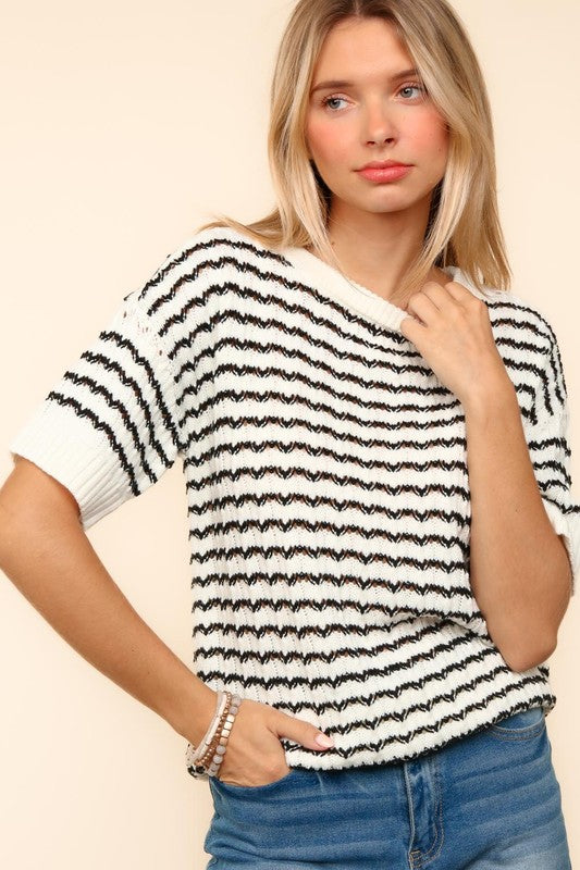 Haptics Openwork Striped Round Neck Half Sleeve Knit Top-TOPS / DRESSES-[Adult]-[Female]-2022 Online Blue Zone Planet