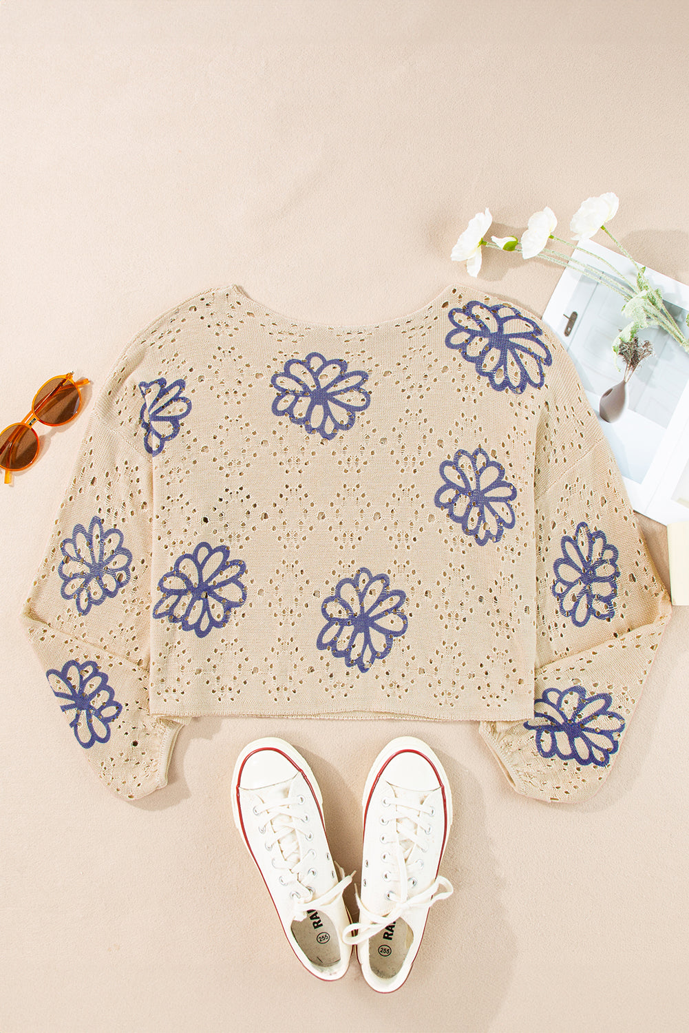 Beige Contrast Flower Print Eyelet Drop Shoulder Sweater-Sweaters & Cardigans/Sweaters-[Adult]-[Female]-2022 Online Blue Zone Planet