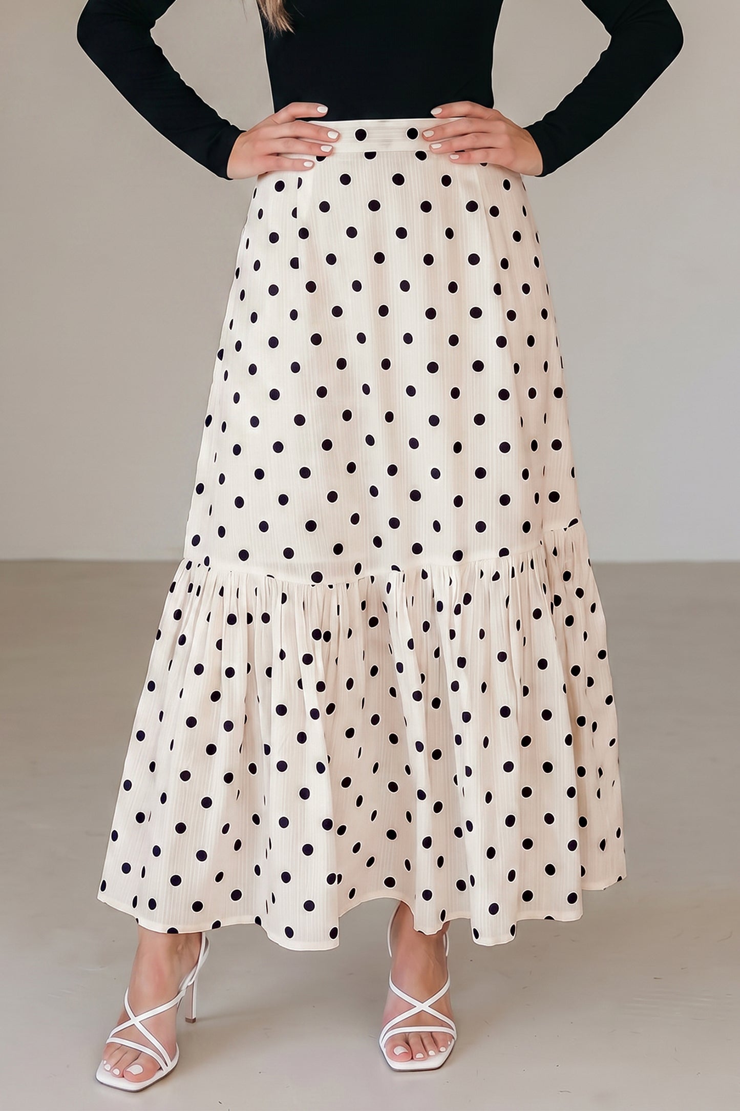 White Polka Dot Ruffled Slit Maxi Skirt-Bottoms/Skirts & Petticoat-[Adult]-[Female]-2022 Online Blue Zone Planet