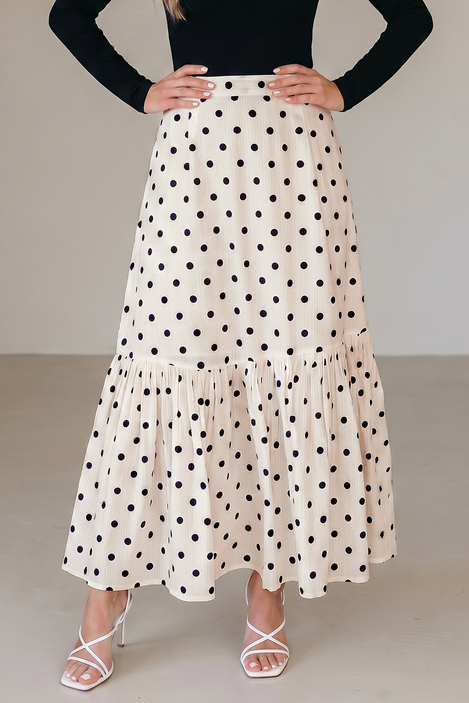White Polka Dot Ruffled Slit Maxi Skirt-Bottoms/Skirts & Petticoat-[Adult]-[Female]-2022 Online Blue Zone Planet
