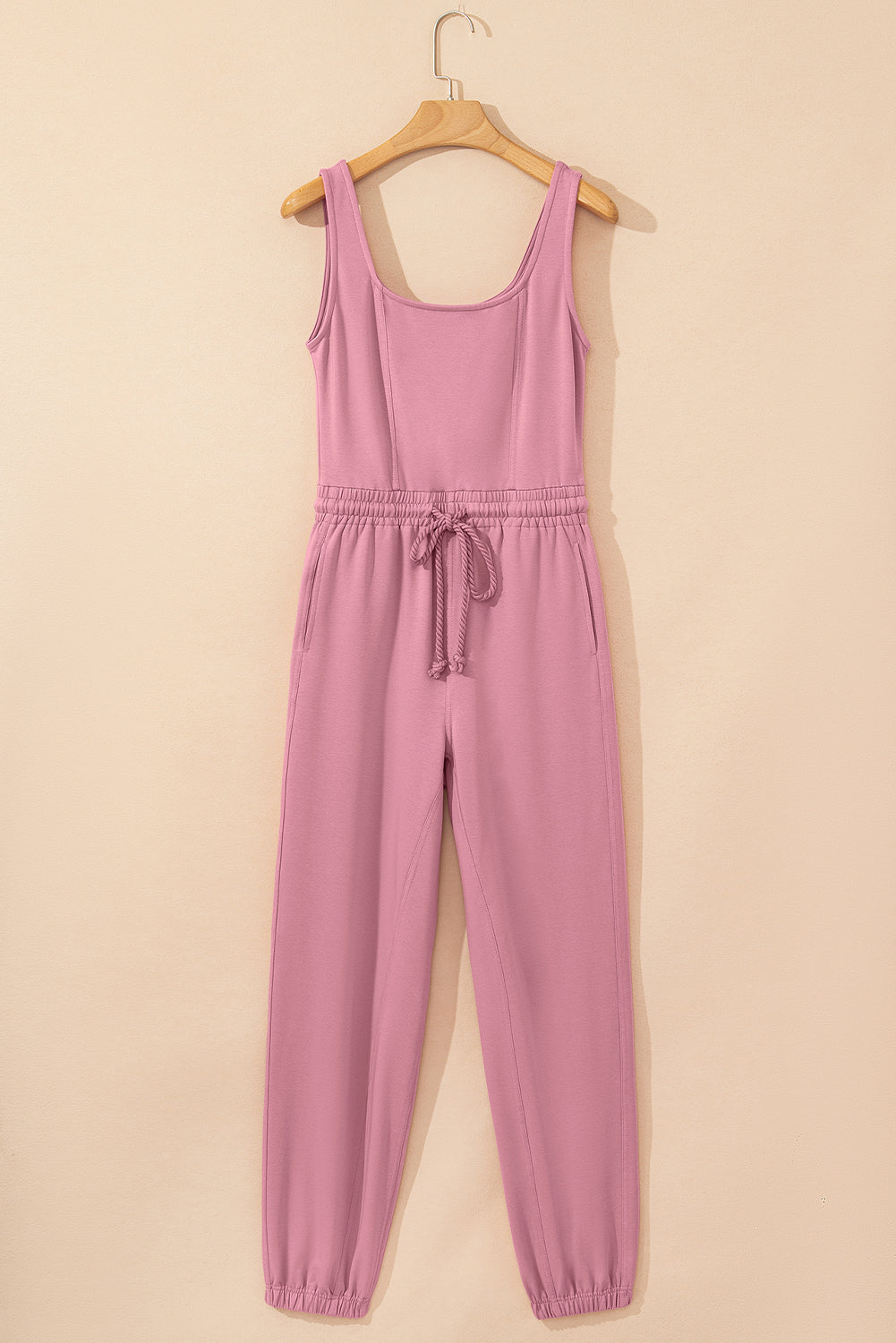 Light Pink Lace-up Elastic Waist Sleeveless Square Neck Jumpsuit-Bottoms/Jumpsuits & Rompers-[Adult]-[Female]-2022 Online Blue Zone Planet