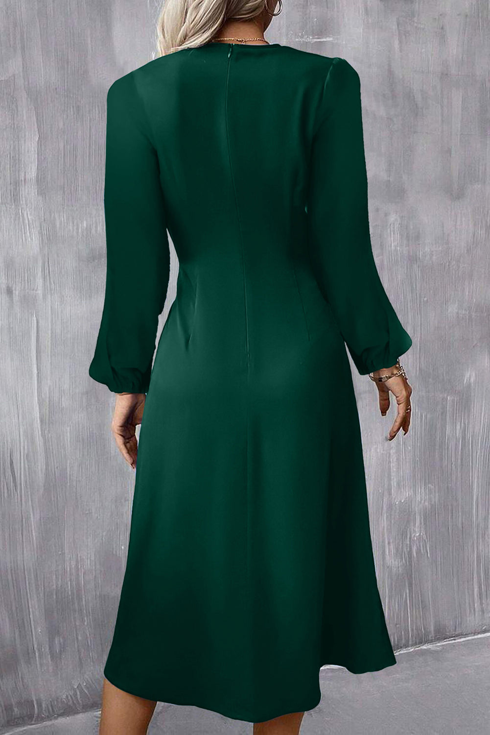 Blackish Green Solid Color Ruched Detail Long Sleeve Midi Dress-TOPS / DRESSES-[Adult]-[Female]-2022 Online Blue Zone Planet