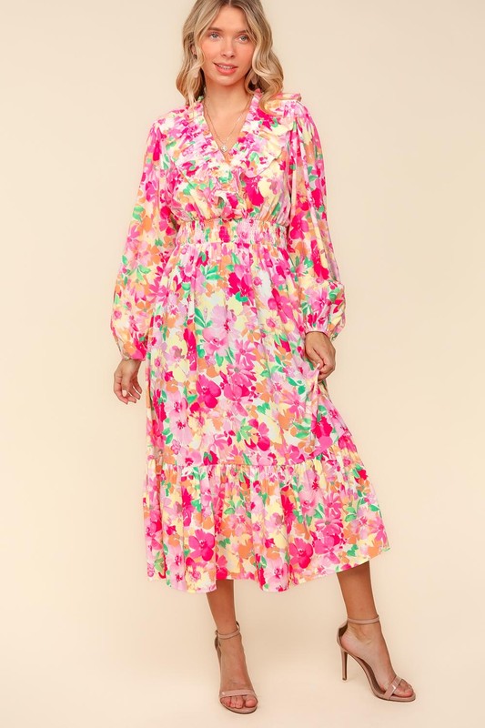 Haptics Full Size Floral Surplice Balloon Sleeve Dress with Side Pockets-TOPS / DRESSES-[Adult]-[Female]-2022 Online Blue Zone Planet