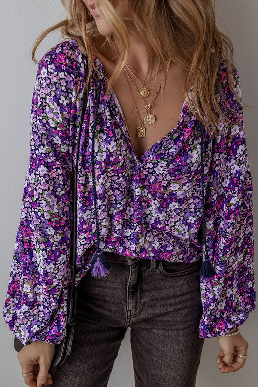 Blue Zone Planet | Floral Tie Neck Balloon Sleeve Blouse-TOPS / DRESSES-[Adult]-[Female]-Purple-S-2022 Online Blue Zone Planet