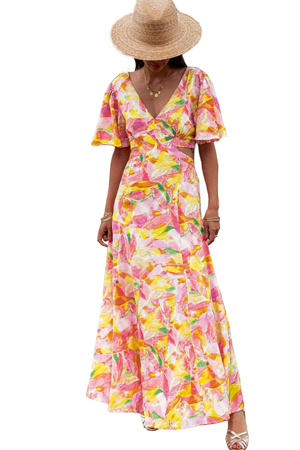 Pink Bohemian Flutter Sleeve Cut out Floral Maxi Dress-Dresses/Maxi Dresses-[Adult]-[Female]-2022 Online Blue Zone Planet
