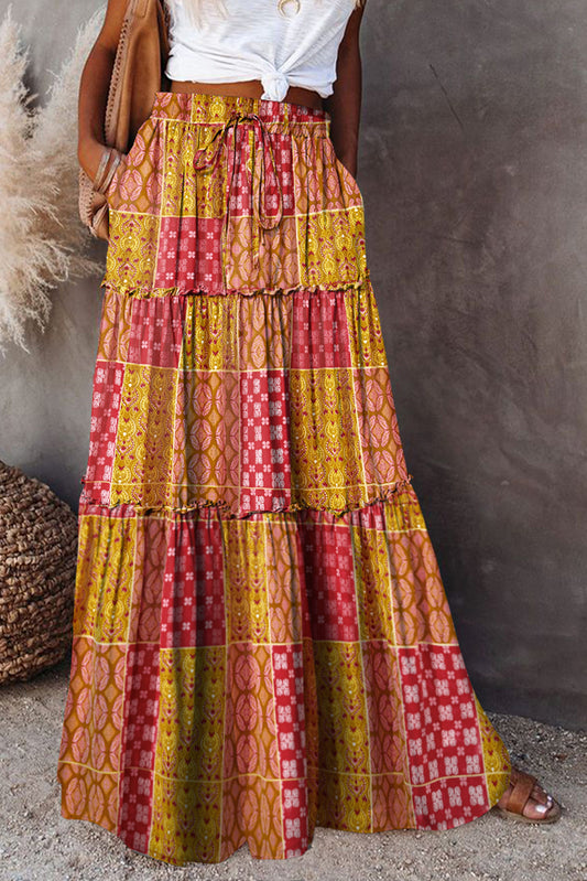 Orange Tiered Paisley Print Pocketed Maxi Skirt-Bottoms/Skirts & Petticoat-[Adult]-[Female]-Orange-XS-2022 Online Blue Zone Planet