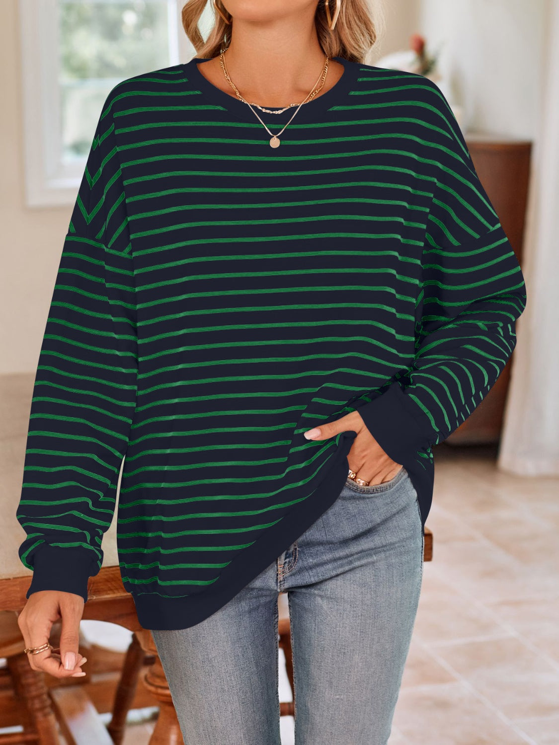 Blue Zone Planet | Lovelet Striped Round Neck Long Sleeve Sweatshirt-TOPS / DRESSES-[Adult]-[Female]-Dark Green-S-2022 Online Blue Zone Planet