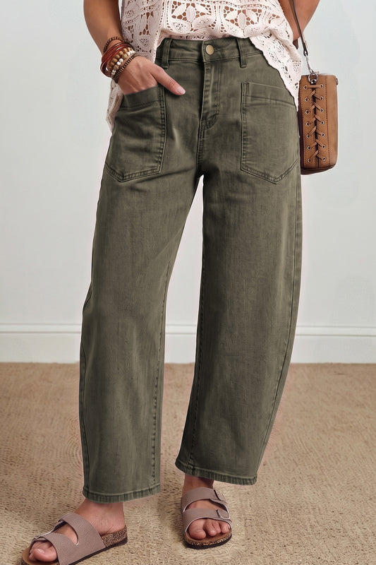 Four Leaf Clover Solid Color Square Patch Pocket Ankle-length Barrel Jeans-Bottoms/Jeans-[Adult]-[Female]-Four Leaf Clover-4-2022 Online Blue Zone Planet