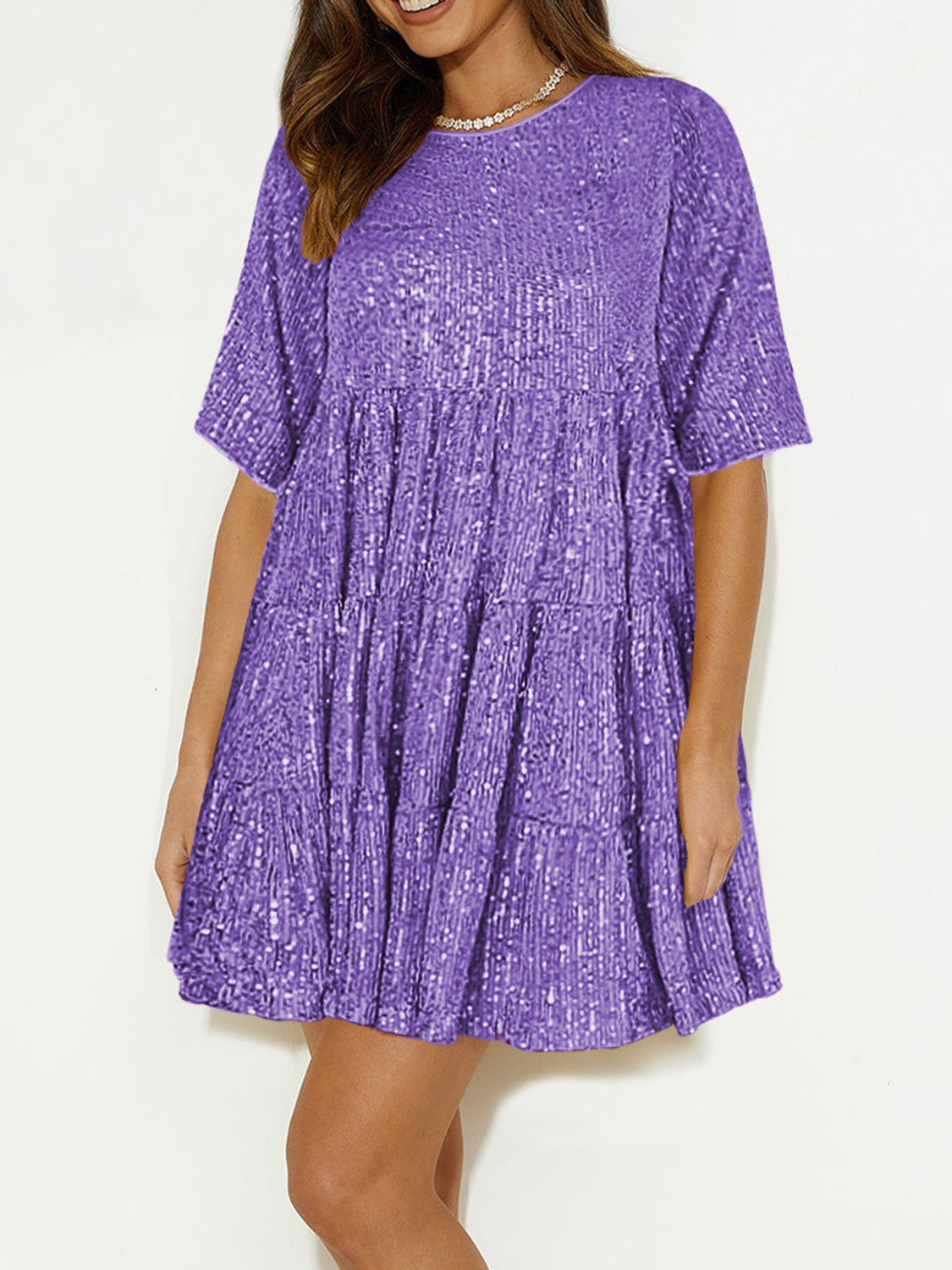 Sequin Round Neck Half Sleeve Mini Dress-TOPS / DRESSES-[Adult]-[Female]-Lavender-S-2022 Online Blue Zone Planet