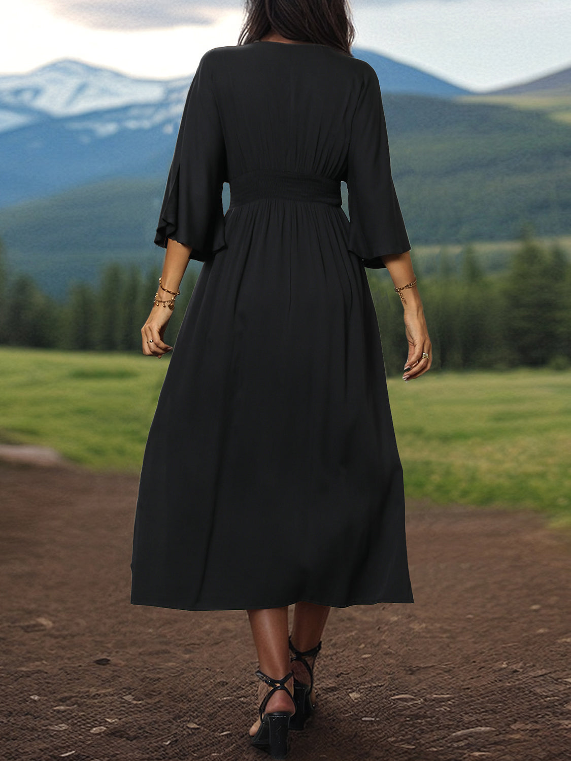 Slit V-Neck Long Sleeve Midi Dress Black / M Slit V-Neck Long Sleeve Midi Dress Black / M