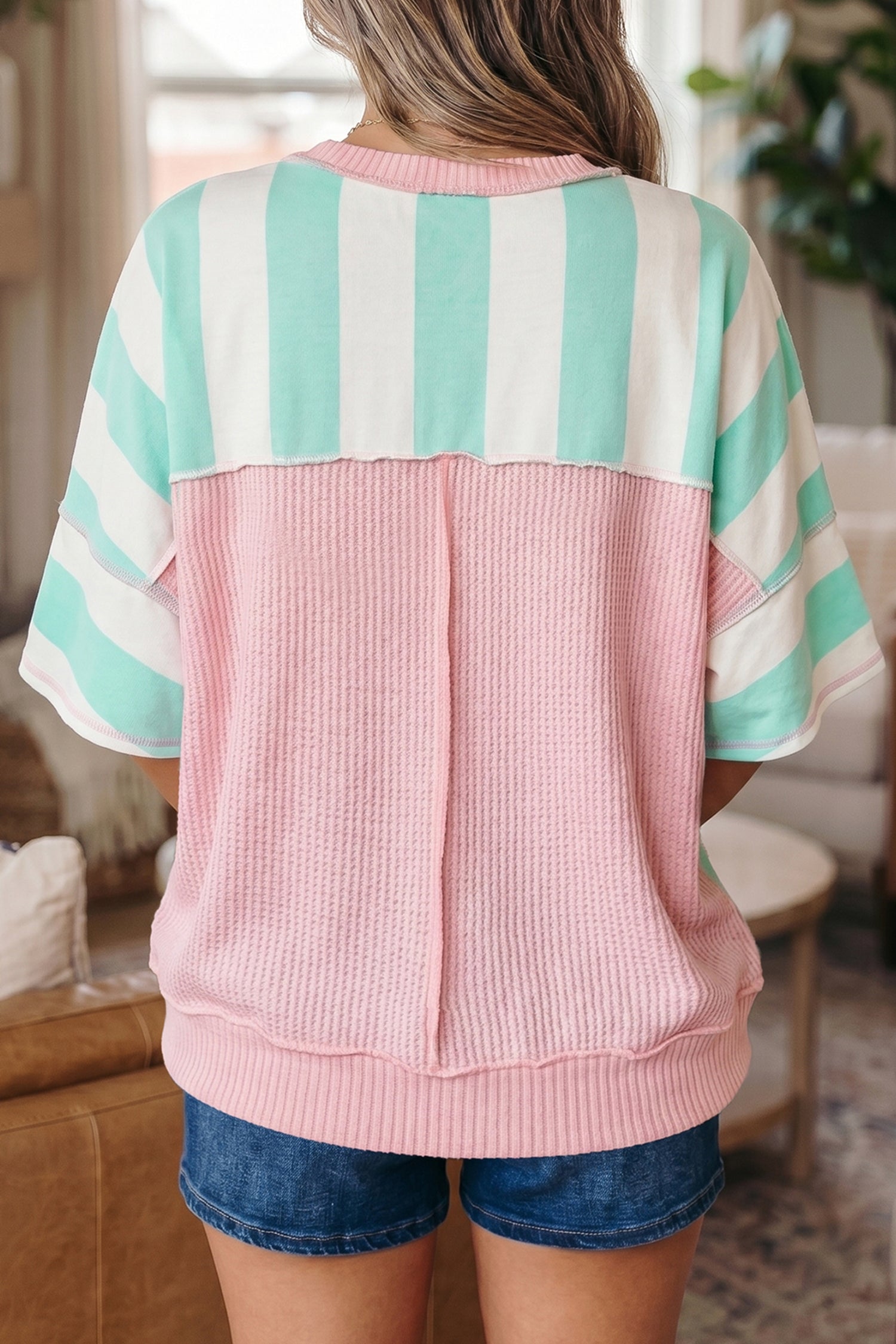 Pink Stripe Exposed Seam Ribbed Patchwork Oversized Tee-Tops/Tops & Tees-[Adult]-[Female]-2022 Online Blue Zone Planet