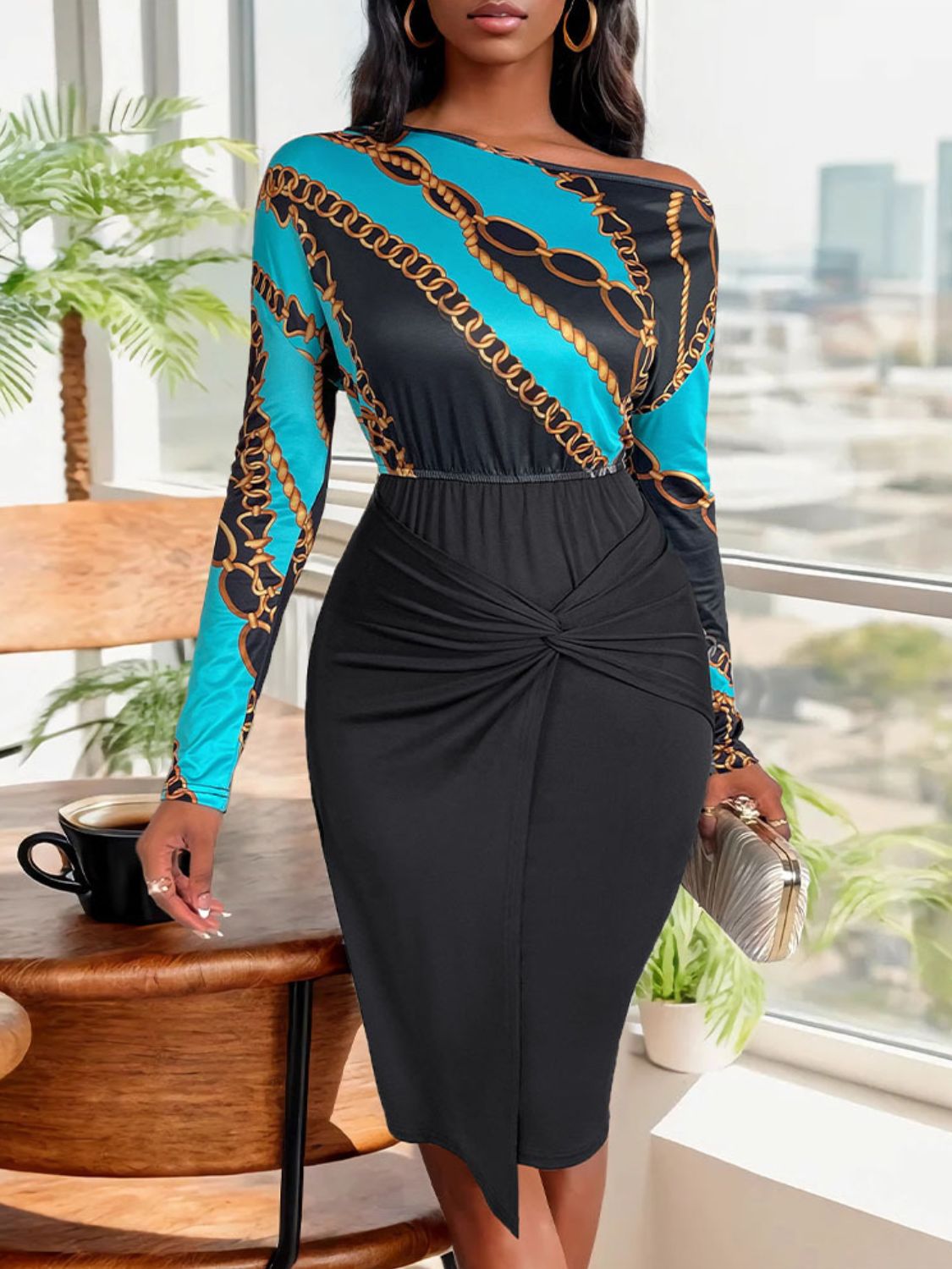 Perfee Twisted Printed Long Sleeve Dress-TOPS / DRESSES-[Adult]-[Female]-Black-S-2022 Online Blue Zone Planet