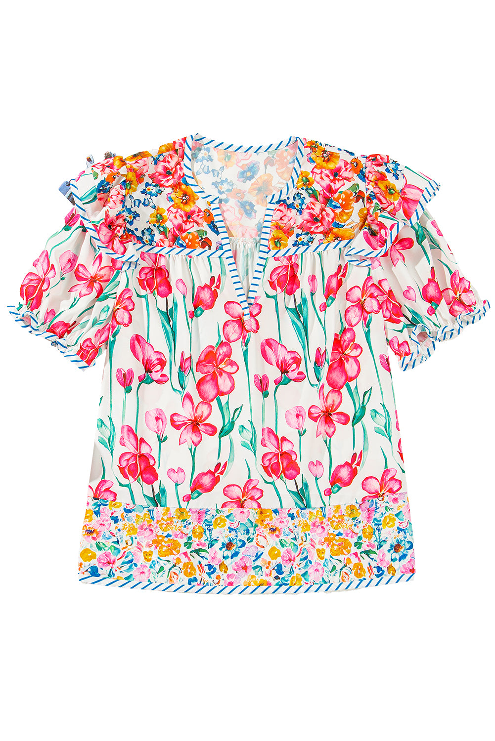 Pink Floral Print Striped Detail Split Neck Short Sleeve Blouse-Tops/Blouses & Shirts-[Adult]-[Female]-2022 Online Blue Zone Planet