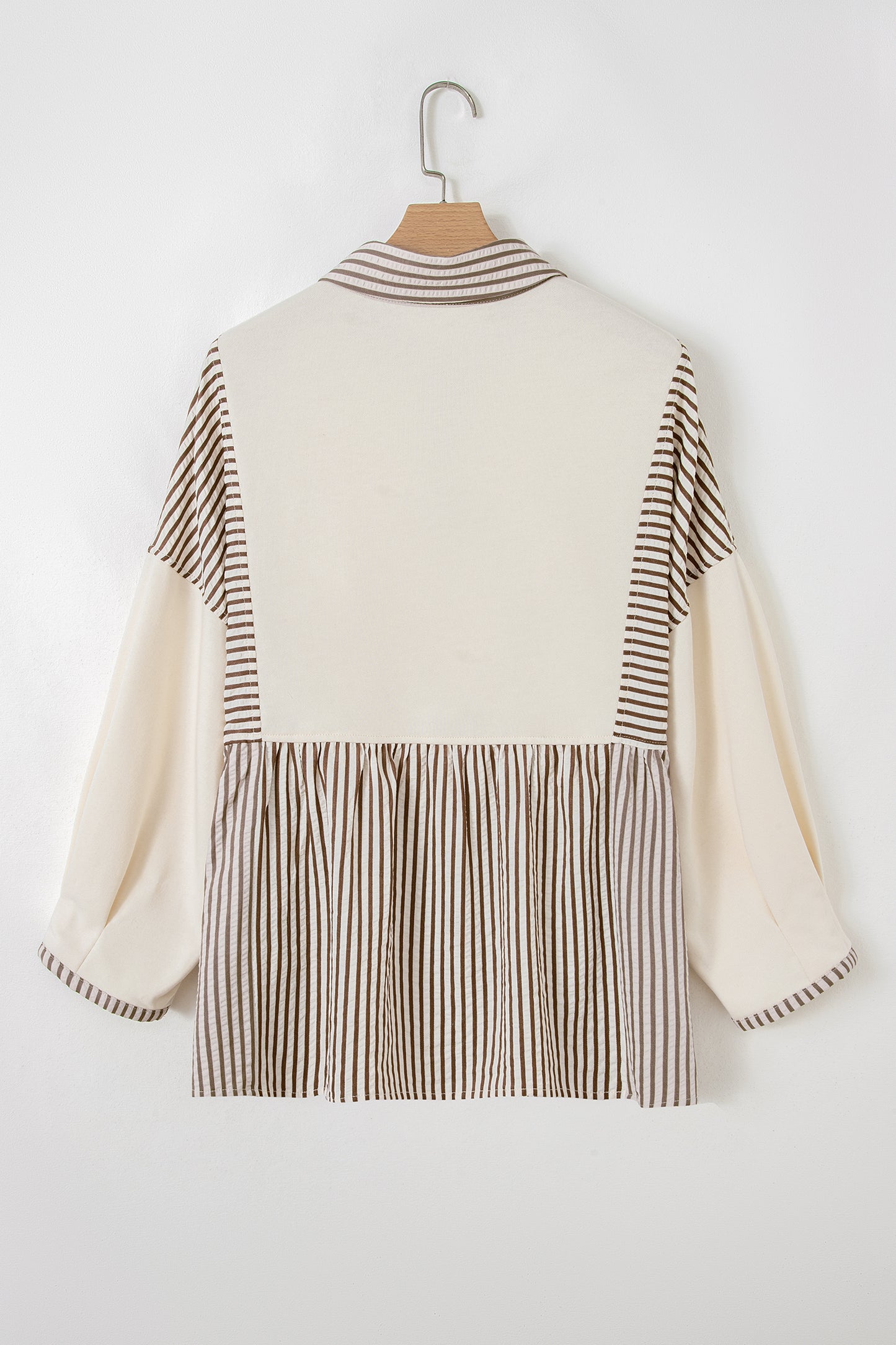 Khaki Stripe Plus Size Color Block Patchwork Half Button Long Sleeve Peplum Blouse-Plus Size/Plus Size Tops/Plus Size Blouses & Shirts-[Adult]-[Female]-2022 Online Blue Zone Planet