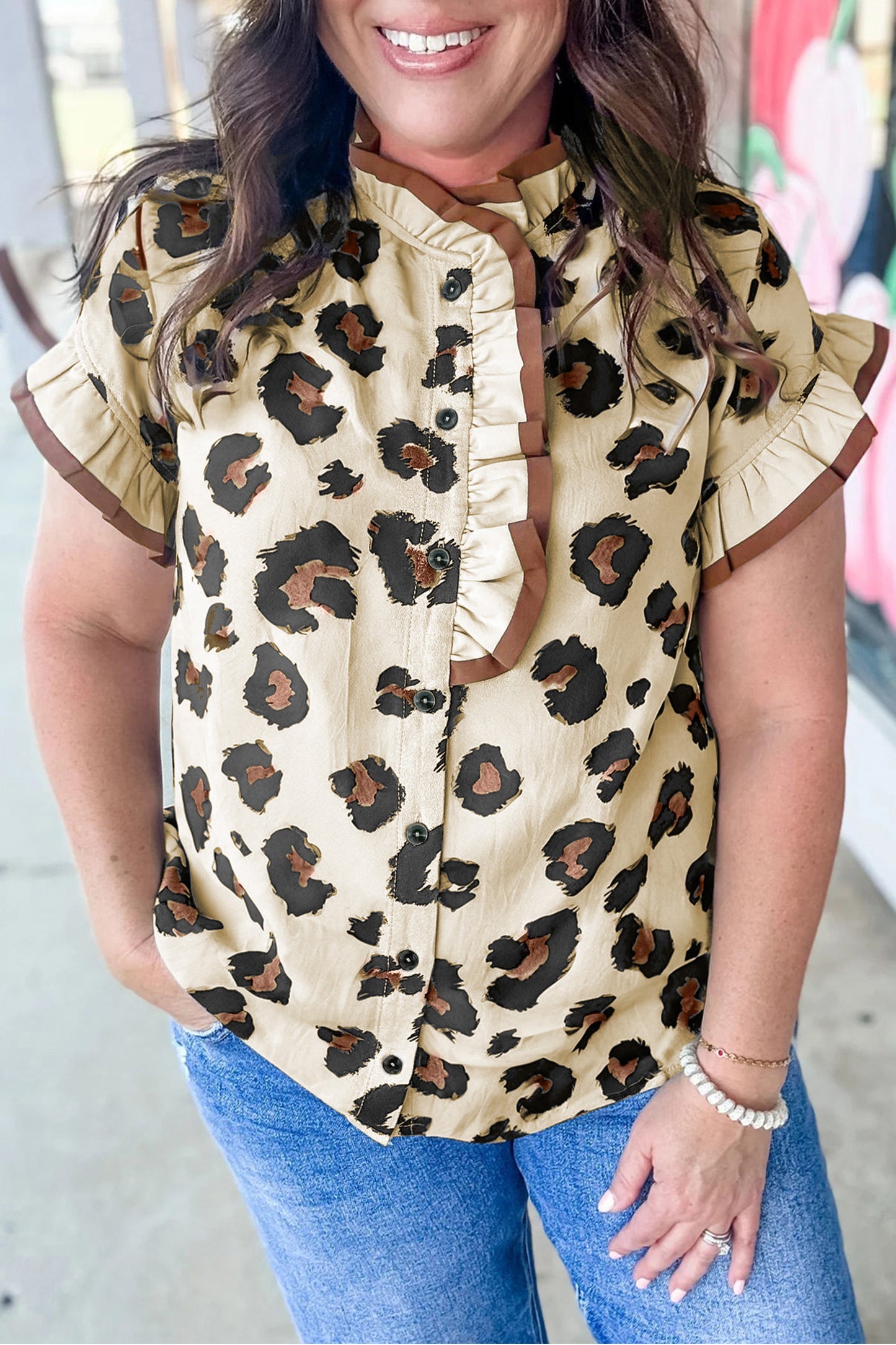 Khaki Plus Size Leopard Print Frilled Color Block Trim Button Down Short Sleeve Blouse-Plus Size/Plus Size Tops/Plus Size Blouses & Shirts-[Adult]-[Female]-Khaki-1X-2022 Online Blue Zone Planet