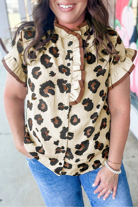 Khaki Plus Size Leopard Print Frilled Color Block Trim Button Down Short Sleeve Blouse-Plus Size/Plus Size Tops/Plus Size Blouses & Shirts-[Adult]-[Female]-Khaki-1X-2022 Online Blue Zone Planet