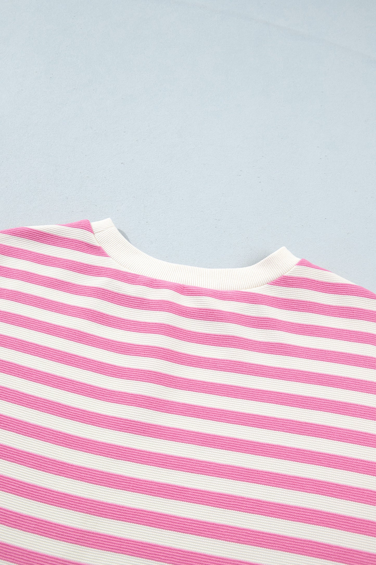 Pink Striped Long Sleeve Crew Neck Drawstring Waist Shorts Set-Two Piece Sets/Short Sets-[Adult]-[Female]-2022 Online Blue Zone Planet