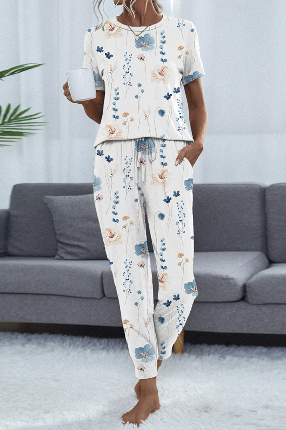 Shiny Printed Round Neck Top and Pants Set-TOPS / DRESSES-[Adult]-[Female]-White-S-2022 Online Blue Zone Planet