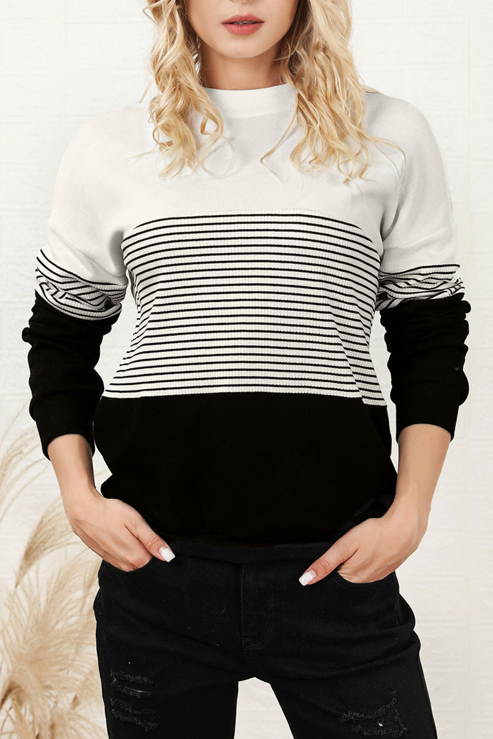 Striped Color Block Long Sleeve Knit Top-TOPS / DRESSES-[Adult]-[Female]-2022 Online Blue Zone Planet