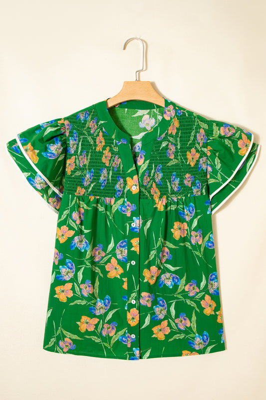 Green Plus Size Ruffled Short Sleeve Floral Top-Plus Size/Plus Size Tops/Plus Size Blouses & Shirts-[Adult]-[Female]-2022 Online Blue Zone Planet