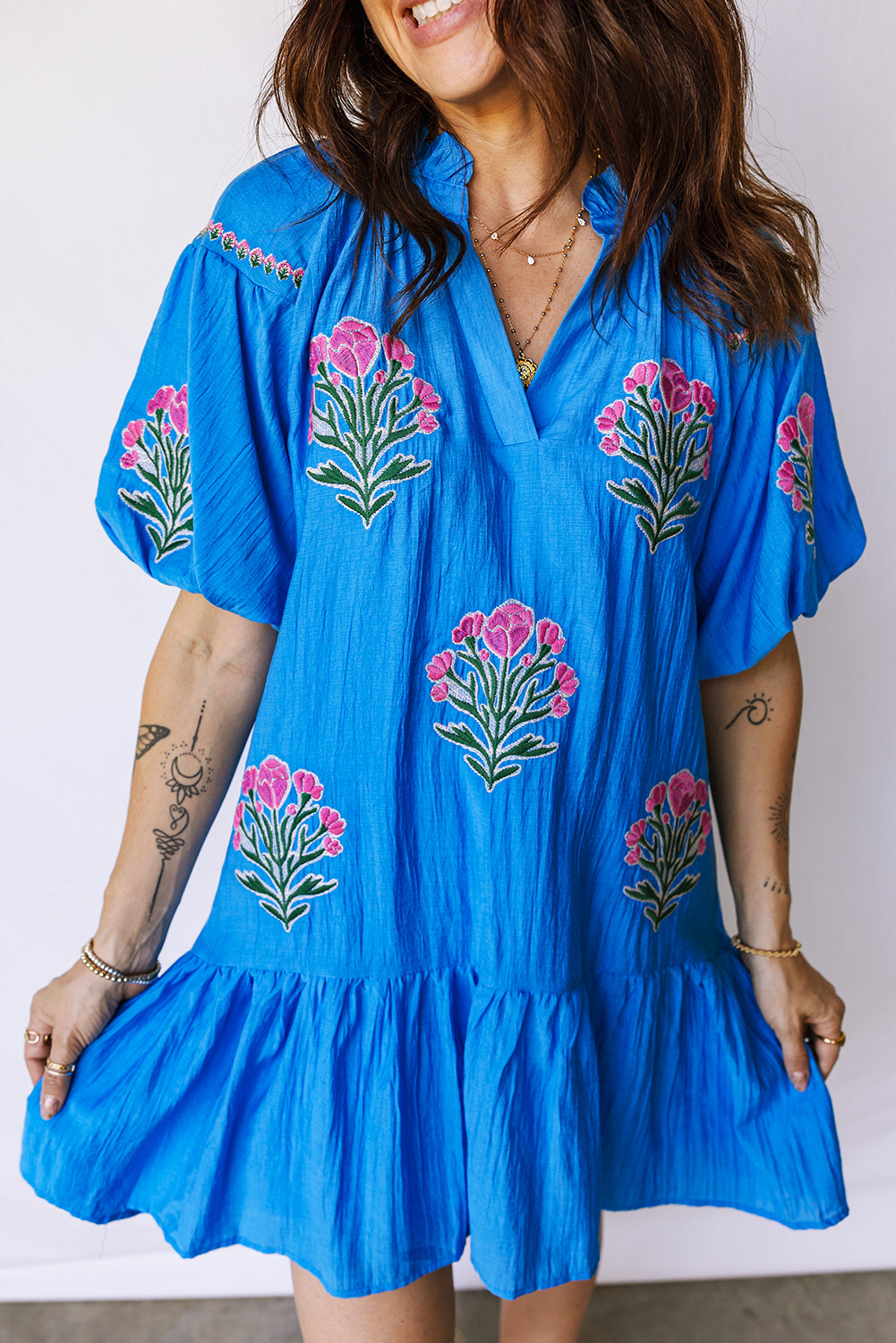 Blue Flower Embroidered Split Neck Short Puff Sleeve Ruffle Hem Dress-TOPS / DRESSES-[Adult]-[Female]-2022 Online Blue Zone Planet