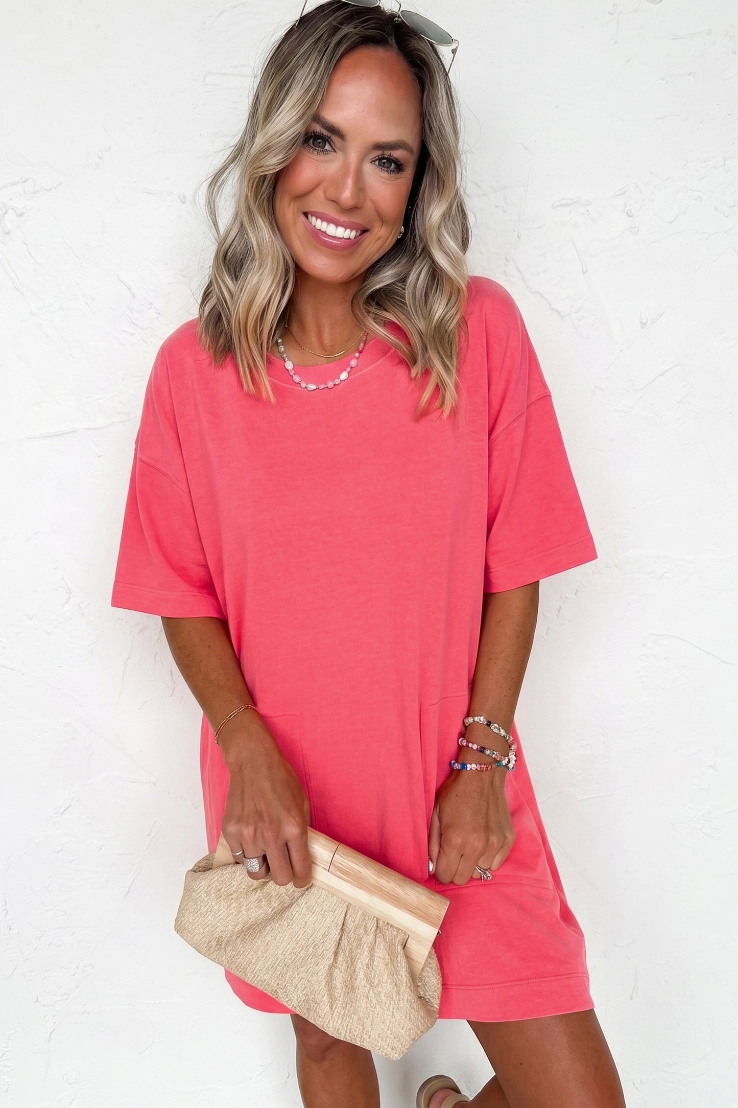 Coral Paradise Drop Shoulder Loose Casual T Shirt Mini Dress-TOPS / DRESSES-[Adult]-[Female]-2022 Online Blue Zone Planet