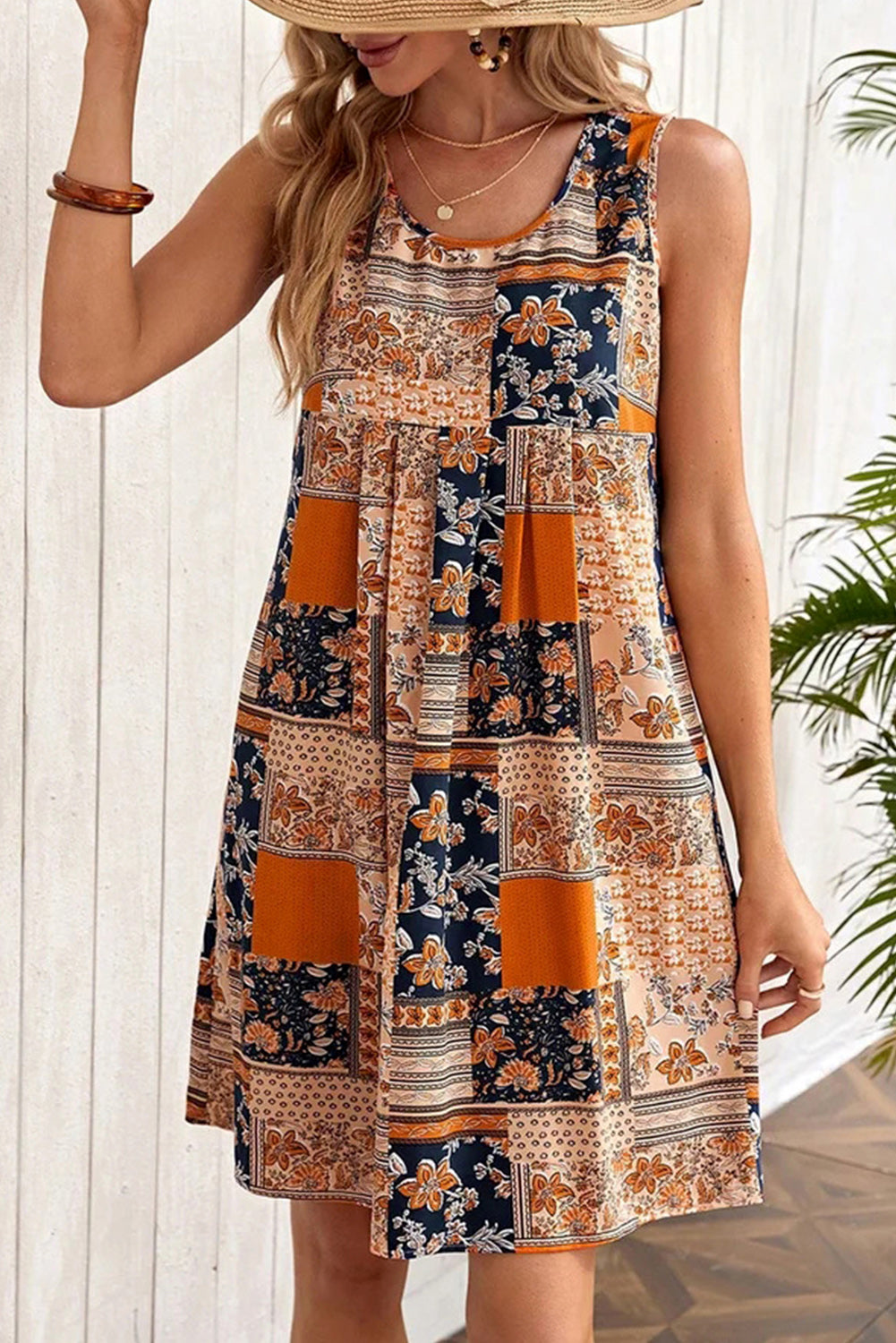 Blue Zone Planet | Orange Retro Floral Patchwork Print Sleeveless Mini Dress-TOPS / DRESSES-[Adult]-[Female]-2022 Online Blue Zone Planet