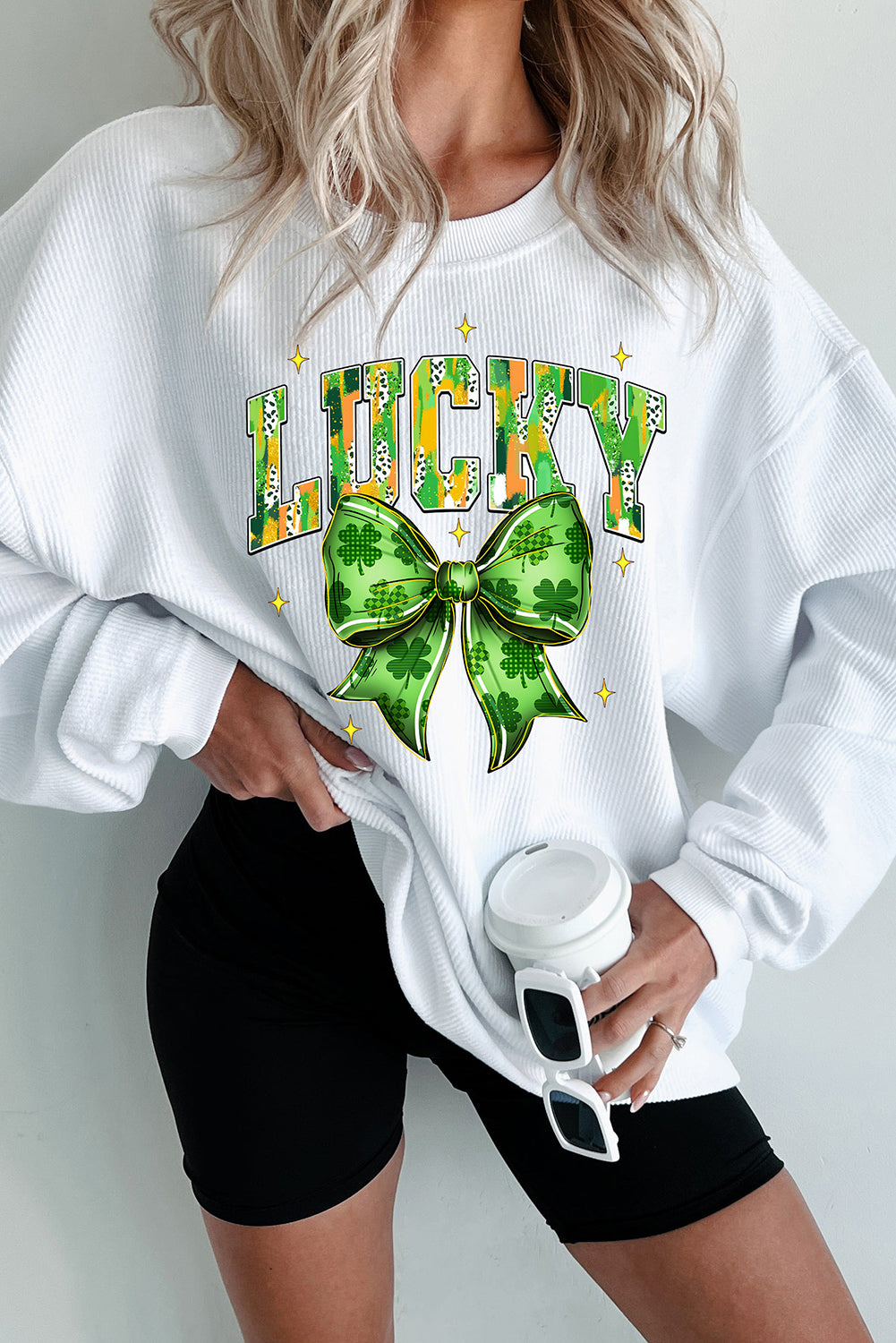 White LUCKY Clover Bow Printed St Patricks Corded Sweatshirt-Graphic Sweatshirts-[Adult]-[Female]-2022 Online Blue Zone Planet