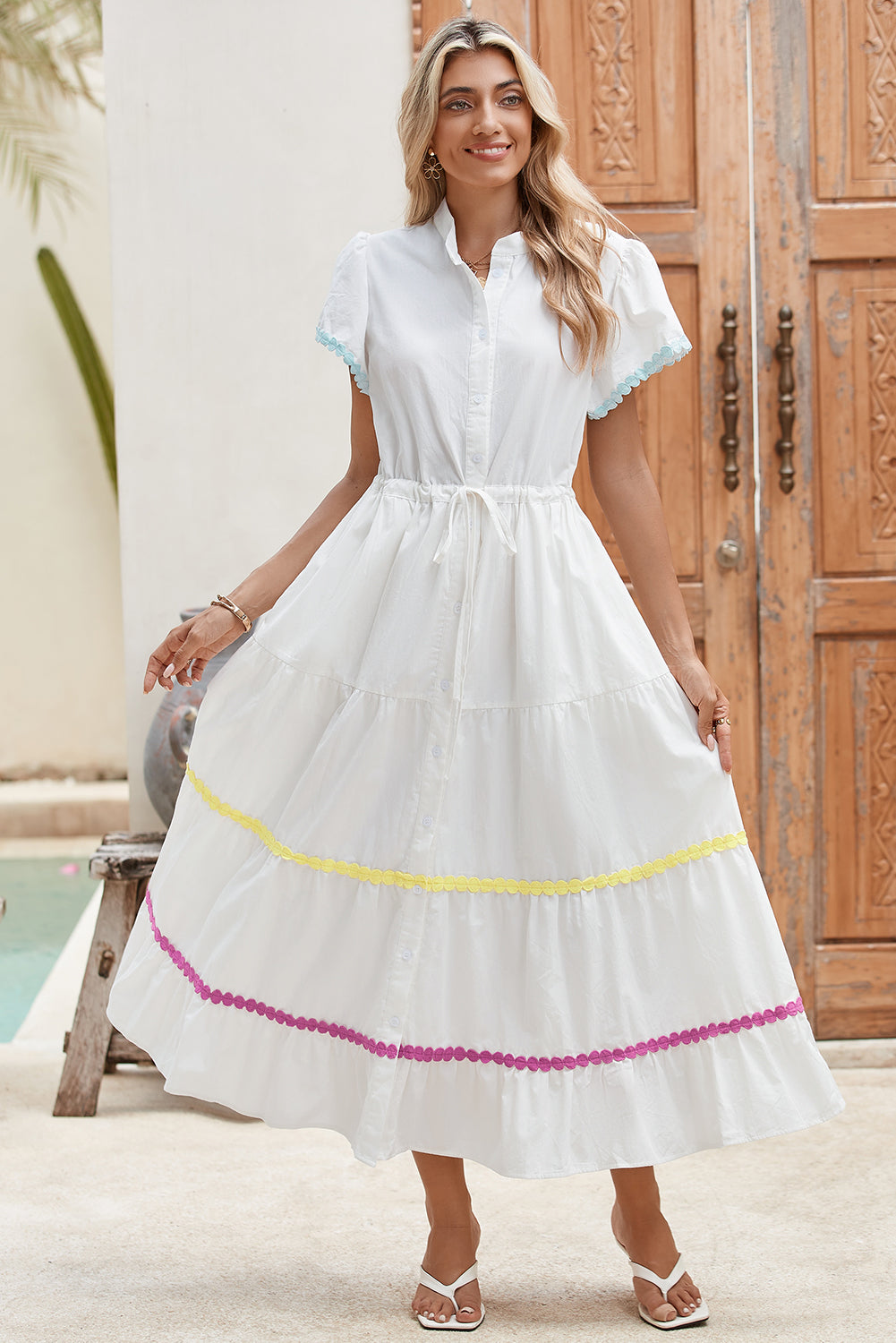 White High Waist Short Sleeve Tiered Shirt Dress-20% OFF-[Adult]-[Female]-2022 Online Blue Zone Planet