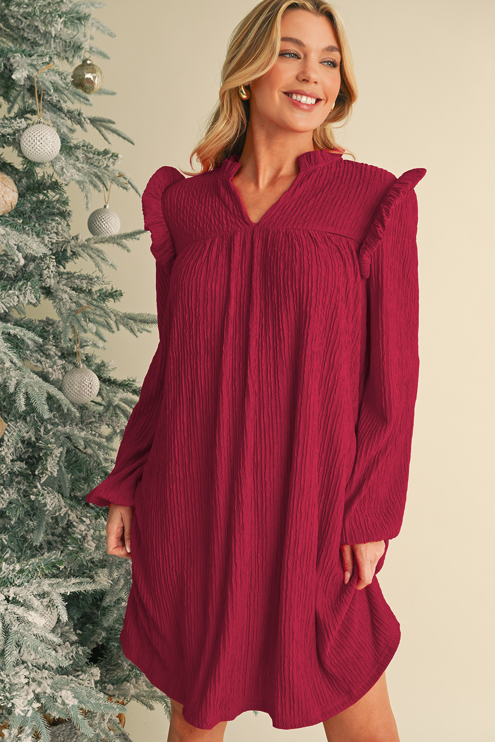 Fiery Red Frill Trim V Neck Loose Fit Ribbed Mini Dress