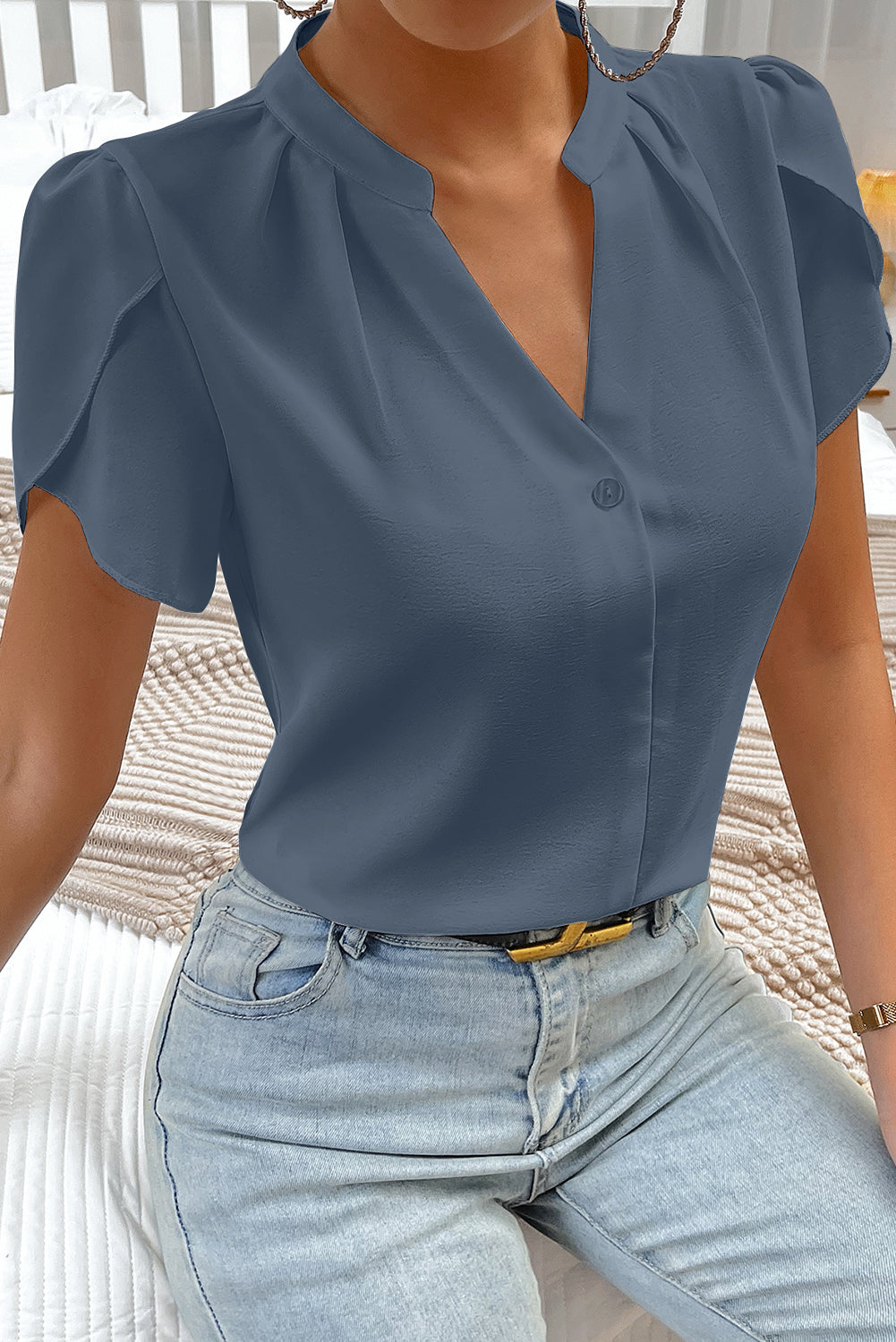 Sail Blue Silky Notched Neckline Petal Sleeve Blouse-Tops/Blouses & Shirts-[Adult]-[Female]-Sail Blue-S-2022 Online Blue Zone Planet