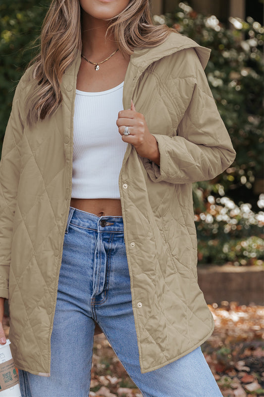 Khaki Quilted Snap Button Hooded Puffer Coat-Outerwear/Coats-[Adult]-[Female]-Khaki-S-2022 Online Blue Zone Planet